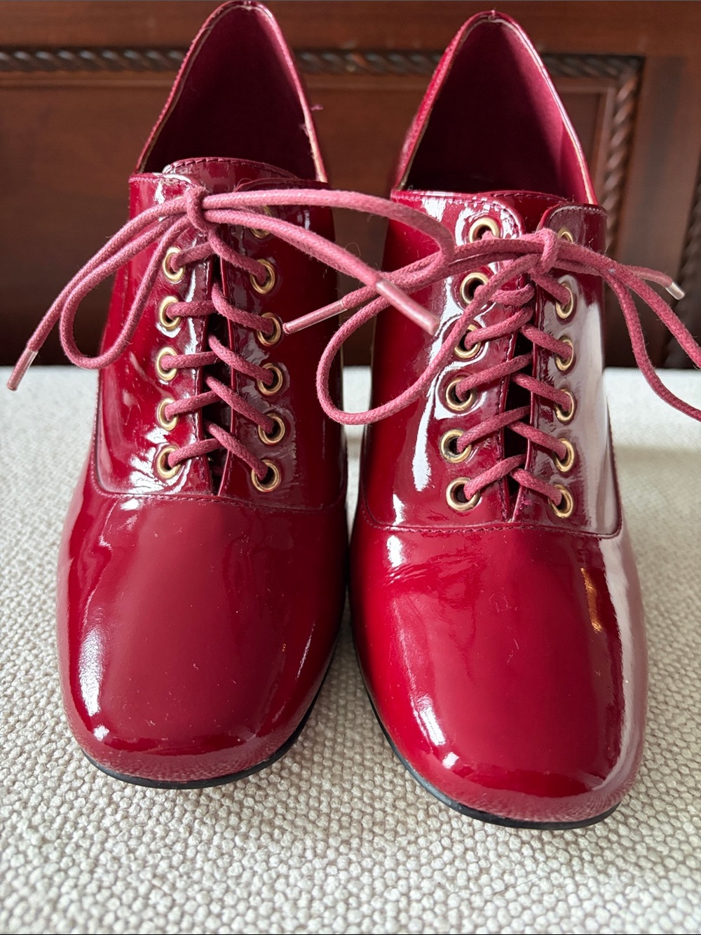 Pour La Victoire Red Patent Lace-Up Ankle Shoes